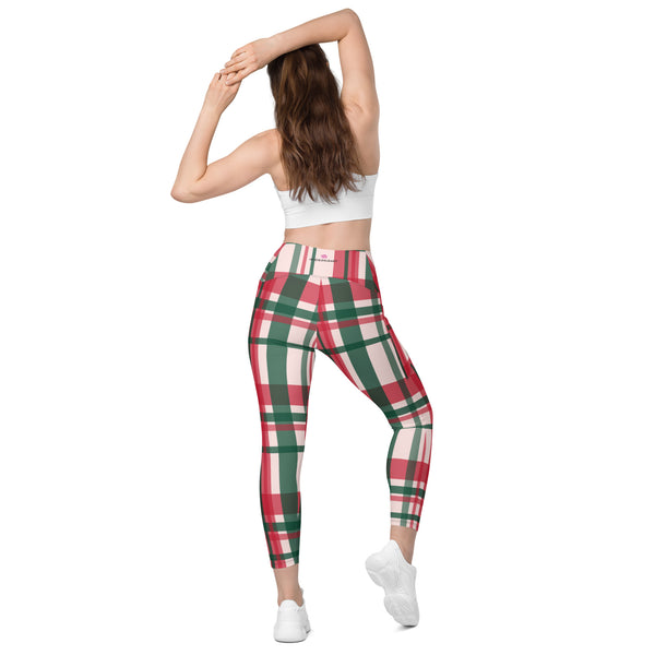 Red Plaid Print Women's Tights, Best Red Green Plaid Print Best Designer Printed Crossover UPF 50+ Sports Yoga Gym Leggings With 2 Side Pockets For Ladies - Made in USA/EU/MX (US Size: 2XS-6XL) Plus Size Available