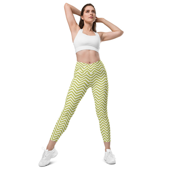 White Yellow Chevron Women's Tights, White and Yellow Womens Chevron Leggings Printed Best Designer Printed Crossover UPF 50+ Sports Yoga Gym Leggings With 2 Side Pockets For Ladies - Made in USA/EU/MX (US Size: 2XS-6XL) Plus Size Available