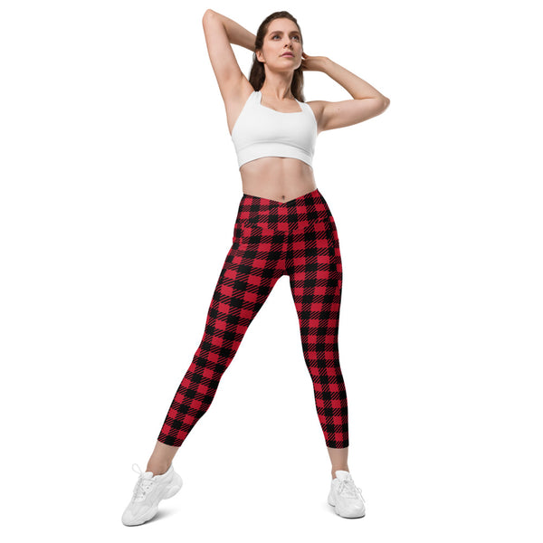 Red Plaid Printed Women's Tights, Red Black Tartan Scottish Style Plaid Print Best Designer Printed Crossover UPF 50+ Sports Yoga Gym Leggings With 2 Side Pockets For Ladies - Made in USA/EU/MX (US Size: 2XS-6XL) Plus Size Available