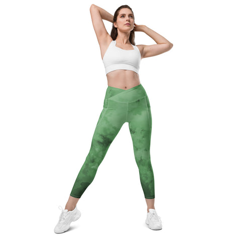 Green Abstract Women's Tights, Green Abstract Print Best Designer Printed Crossover UPF 50+ Sports Yoga Gym Leggings With 2 Side Pockets For Ladies - Made in USA/EU/MX (US Size: 2XS-6XL) Plus Size Available