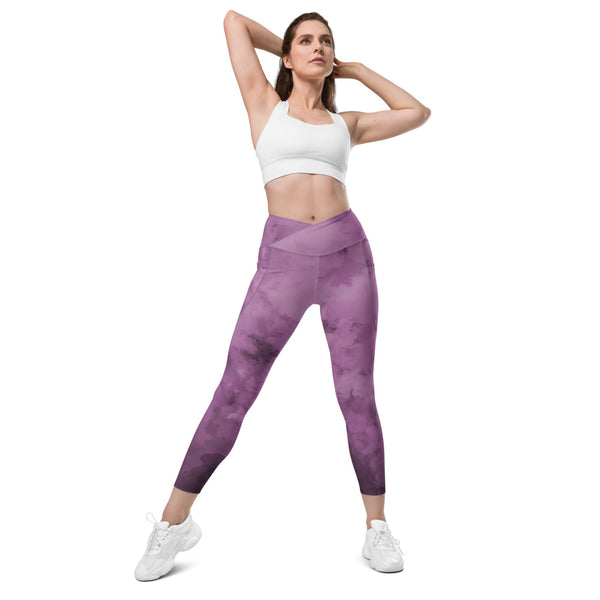 Purple Abstract Women's Tights, Purple Abstract Print Best Designer Printed Crossover UPF 50+ Sports Yoga Gym Leggings With 2 Side Pockets For Ladies - Made in USA/EU/MX (US Size: 2XS-6XL) Plus Size Available