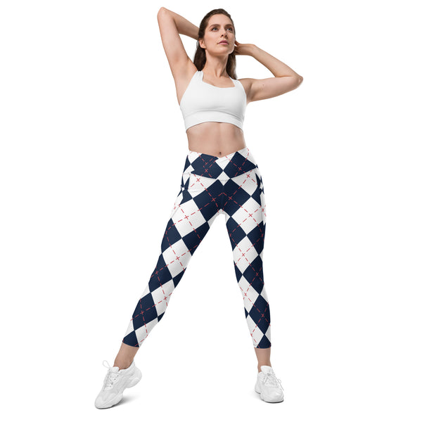 Blue Plaid Print Women's Tights, Crossover leggings with pockets