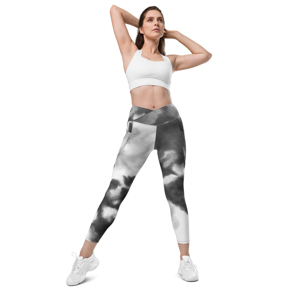 Grey Abstract Women's Tights, Crossover leggings with pockets