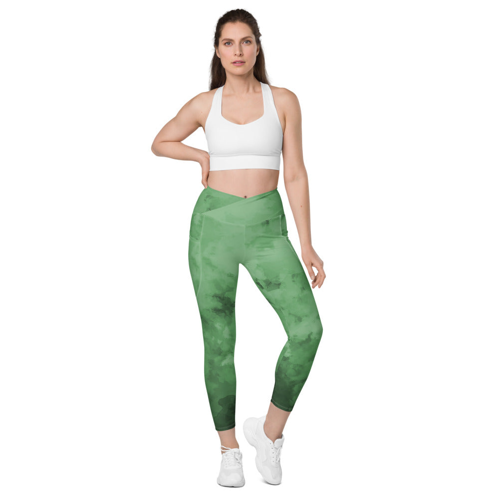Green Abstract Women's Tights, Green Abstract Print Best Designer Printed Crossover UPF 50+ Sports Yoga Gym Leggings With 2 Side Pockets For Ladies - Made in USA/EU/MX (US Size: 2XS-6XL) Plus Size Available