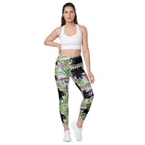 Black Purple Lavender Floral Tights, Best Flower French Lavender Print Best Designer Printed Crossover UPF 50+ Sports Yoga Gym Leggings With 2 Side Pockets For Ladies - Made in USA/EU/MX (US Size: 2XS-6XL) Plus Size Available
