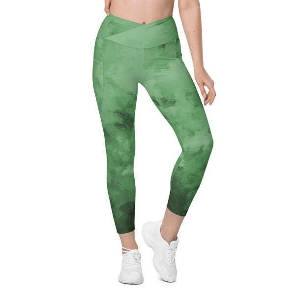 Green Abstract Women's Tights, Purple Abstract Print Best Designer Printed Crossover UPF 50+ Sports Yoga Gym Leggings With 2 Side Pockets For Ladies - Made in USA/EU/MX (US Size: 2XS-6XL) Plus Size Available