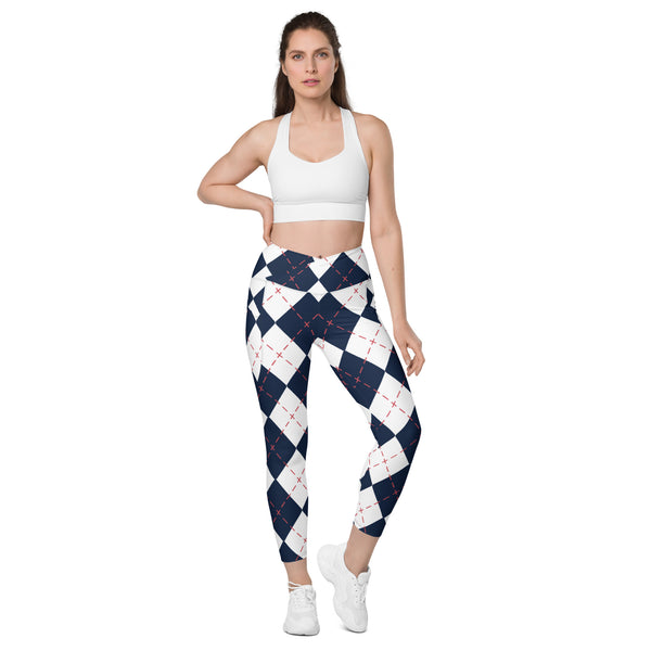 Blue Plaid Print Women's Tights, Crossover leggings with pockets