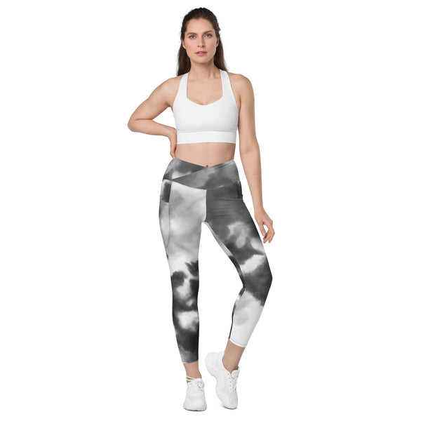 Grey Abstract Women's Tights, Crossover leggings with pockets