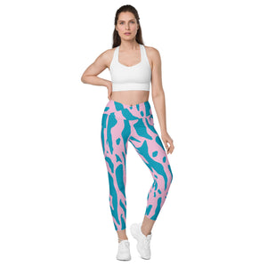 Blue Purple Abstract Women's Tights, Crossover leggings with pockets