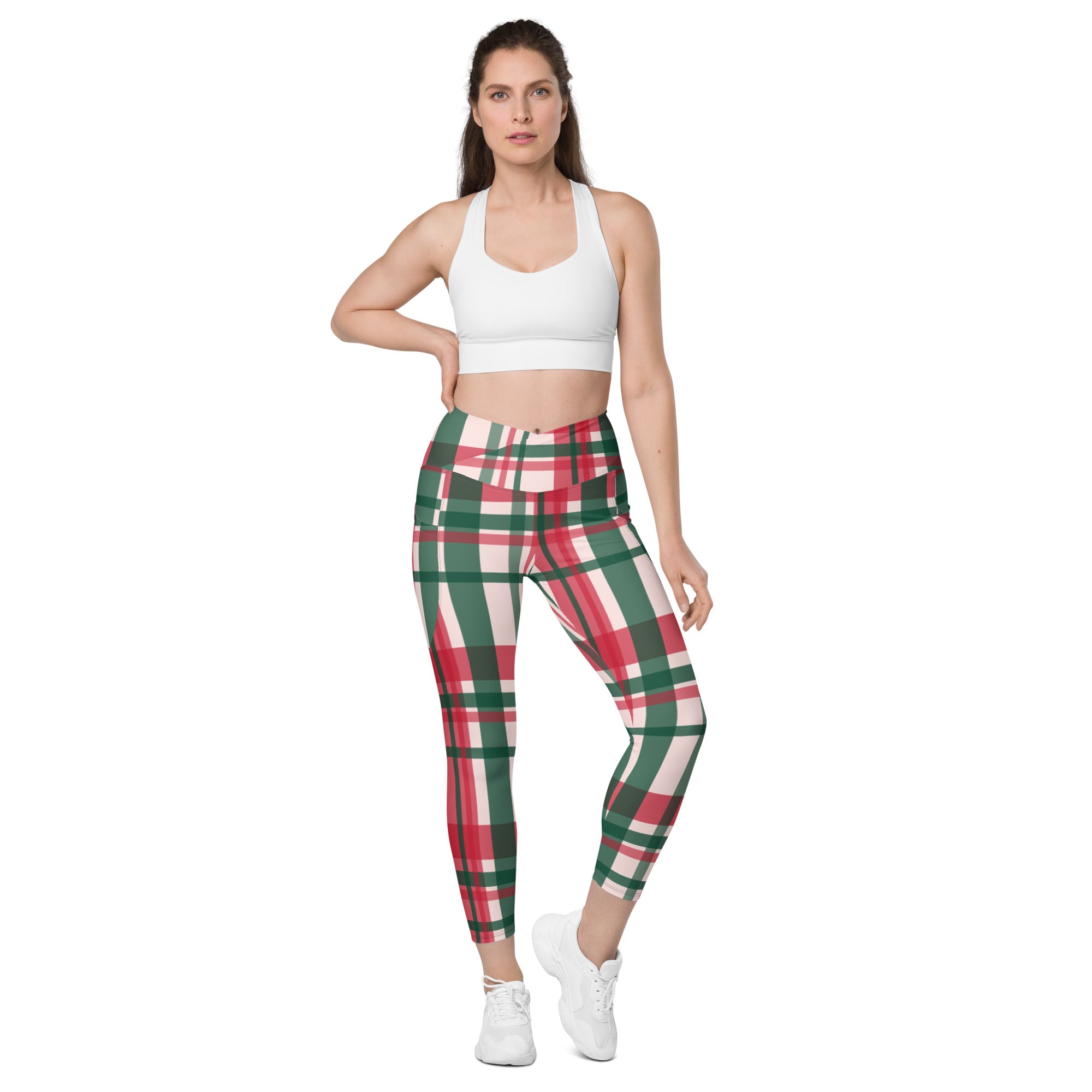 Red Plaid Print Women's Tights, Best Red Green Plaid Print Best Designer Printed Crossover UPF 50+ Sports Yoga Gym Leggings With 2 Side Pockets For Ladies - Made in USA/EU/MX (US Size: 2XS-6XL) Plus Size Available