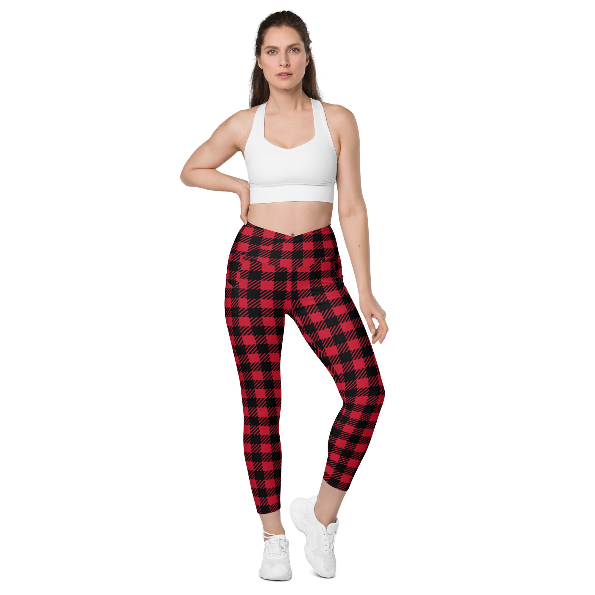 Red Plaid Print Women's Tights, Best Plaid Print Women's Crossover Leggings  With Pockets For Ladies - Made in USA/EU/MX