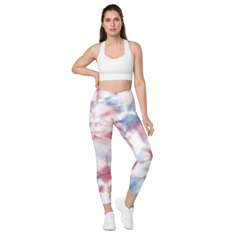 Blue Red Tie Dye Tights, Women's Crossover leggings with pockets