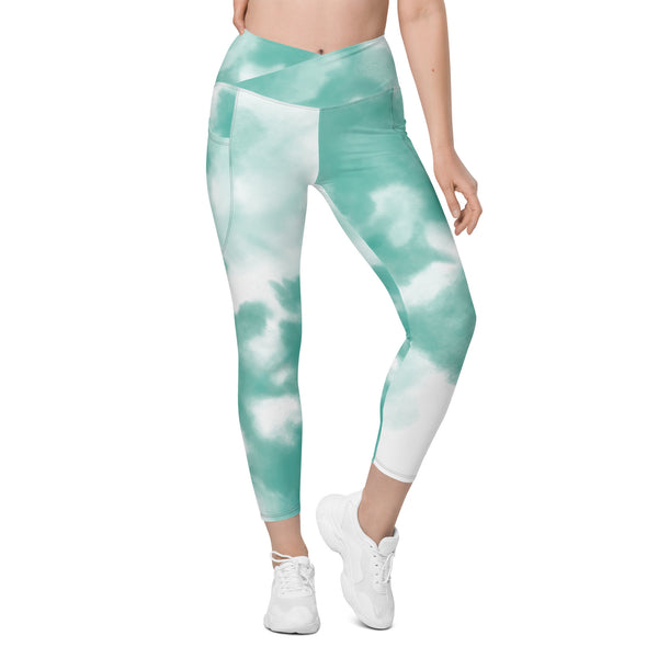 Blue Tie Dye Women's Tights, Best Tie Dye Print Best Designer Printed Crossover UPF 50+ Sports Yoga Gym Leggings With 2 Side Pockets For Ladies - Made in USA/EU/MX (US Size: 2XS-6XL) Plus Size Available, Tie Dye Leggings, Tie Dye Women's Tights
