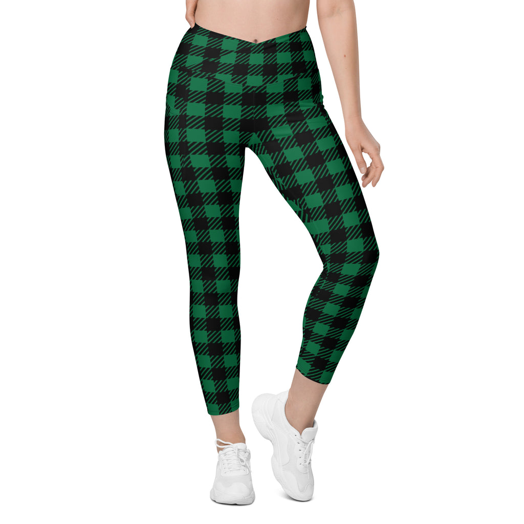 Green Plaid Print Women's Tights, Best Green Plaid Print Women's Crossover  Leggings With Pockets For Ladies - Made in USA/EU/MX