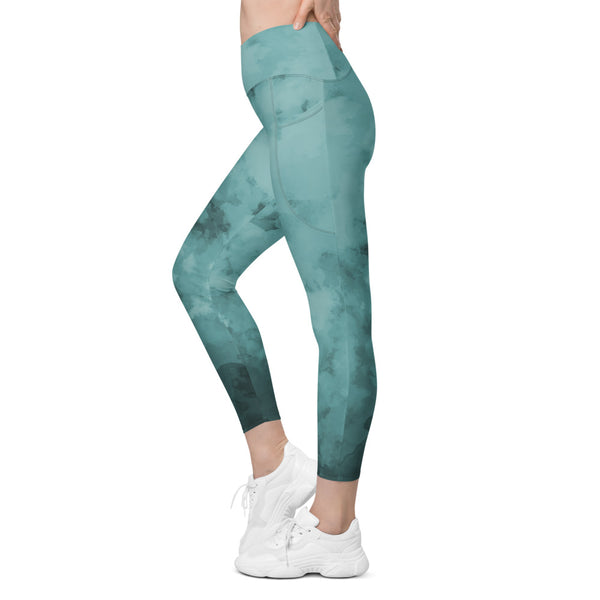 Ocean Blue Abstract Women's Tights, Blue Abstract Print Best Designer Printed Crossover UPF 50+ Sports Yoga Gym Leggings With 2 Side Pockets For Ladies - Made in USA/EU/MX (US Size: 2XS-6XL) Plus Size Available