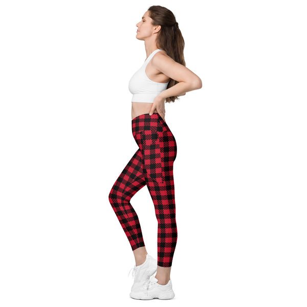 Red Plaid Print Women's Tights, Best Red Black Plaid Print Best Designer Printed Crossover UPF 50+ Sports Yoga Gym Leggings With 2 Side Pockets For Ladies - Made in USA/EU/MX (US Size: 2XS-6XL) Plus Size Available