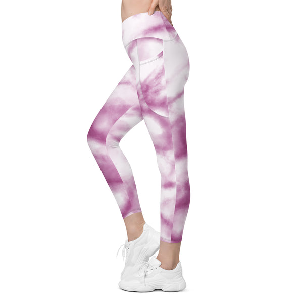 Purple Tie Dye Women's Tights, Best Pink Purple Tie Dye Printed Women's Tights, Best Tie Dye Print Best Designer Printed Crossover UPF 50+ Sports Yoga Gym Leggings With 2 Side Pockets For Ladies - Made in USA/EU/MX (US Size: 2XS-6XL) Plus Size Available, Tie Dye Leggings, Tie Dye Women's Tights
