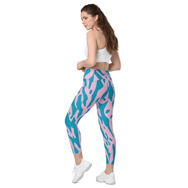 Blue Purple Abstract Women's Tights, Crossover leggings with pockets