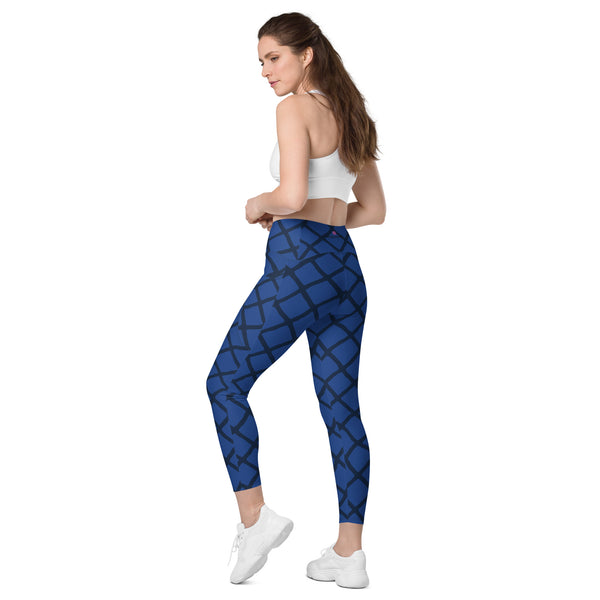 Blue Web Women's Tights, Crossover leggings with pockets