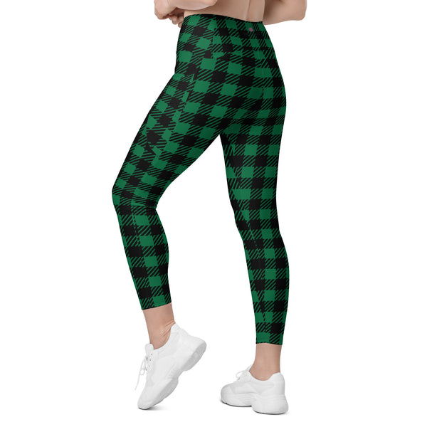 Green Plaid Print Women's Tights, Best Green Plaid Print Best Designer Printed Crossover UPF 50+ Sports Yoga Gym Leggings With 2 Side Pockets For Ladies - Made in USA/EU/MX (US Size: 2XS-6XL) Plus Size Available
