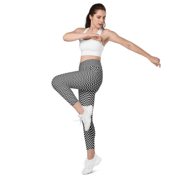 White Black Chevron Women's Tights, White and Black Womens Chevron Leggings Printed Best Designer Printed Crossover UPF 50+ Sports Yoga Gym Leggings With 2 Side Pockets For Ladies - Made in USA/EU/MX (US Size: 2XS-6XL) Plus Size Available