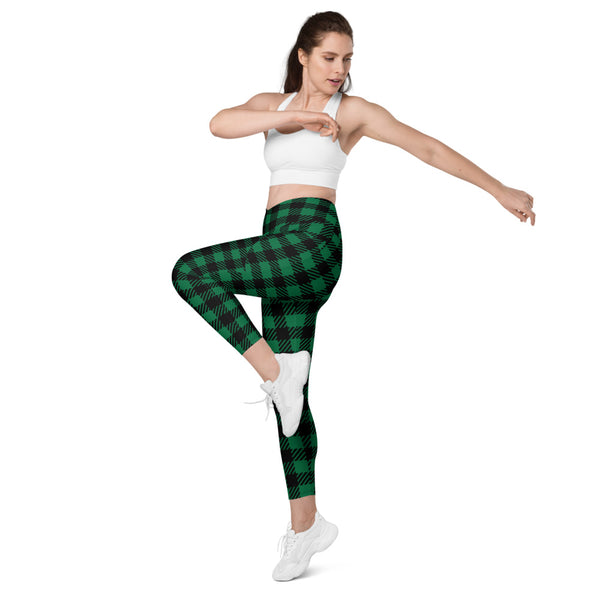 Green Plaid Printed Women's Tights, Green Tartan Scottish Style Plaid Print Best Designer Printed Crossover UPF 50+ Sports Yoga Gym Leggings With 2 Side Pockets For Ladies - Made in USA/EU/MX (US Size: 2XS-6XL) Plus Size Available