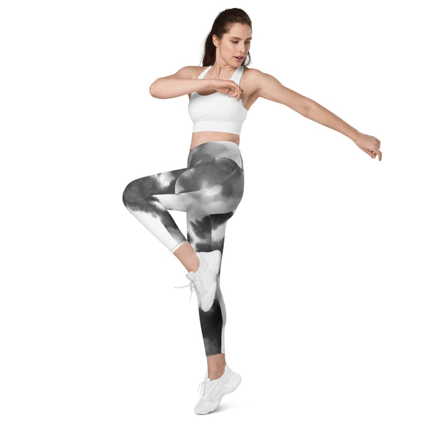 Grey Abstract Women's Tights, Crossover leggings with pockets