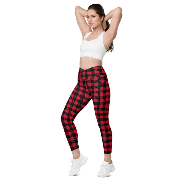 Red Plaid Printed Women's Tights, Red Black Tartan Scottish Style Plaid Print Best Designer Printed Crossover UPF 50+ Sports Yoga Gym Leggings With 2 Side Pockets For Ladies - Made in USA/EU/MX (US Size: 2XS-6XL) Plus Size Available