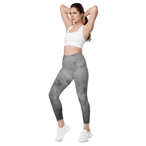 Gray Abstract Women's Tights, Gray Floral Abstract Print Best Designer Printed Crossover UPF 50+ Sports Yoga Gym Leggings With 2 Side Pockets For Ladies - Made in USA/EU/MX (US Size: 2XS-6XL) Plus Size Available