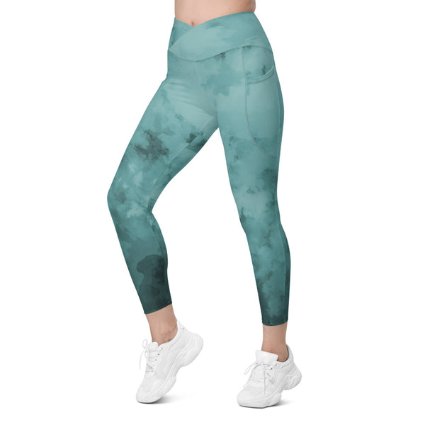 Ocean Blue Abstract Women's Tights, Blue Abstract Print Best Designer Printed Crossover UPF 50+ Sports Yoga Gym Leggings With 2 Side Pockets For Ladies - Made in USA/EU/MX (US Size: 2XS-6XL) Plus Size Available