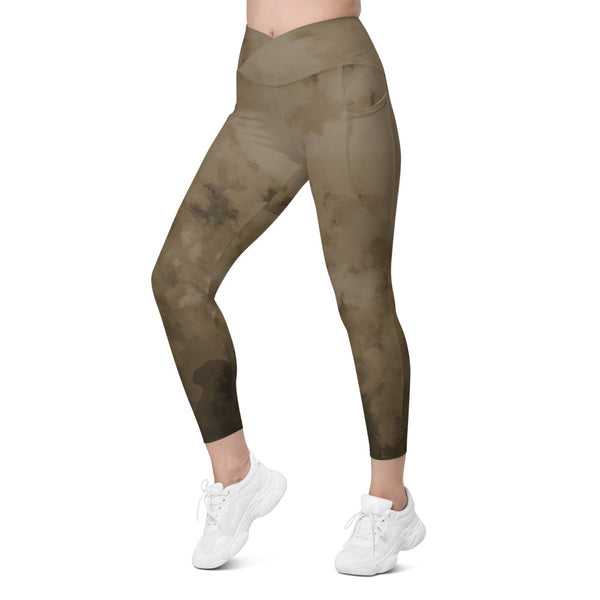 Brown Abstract Women's Tights, Brown Abstract Print Best Designer Printed Crossover UPF 50+ Sports Yoga Gym Leggings With 2 Side Pockets For Ladies - Made in USA/EU/MX (US Size: 2XS-6XL) Plus Size Available