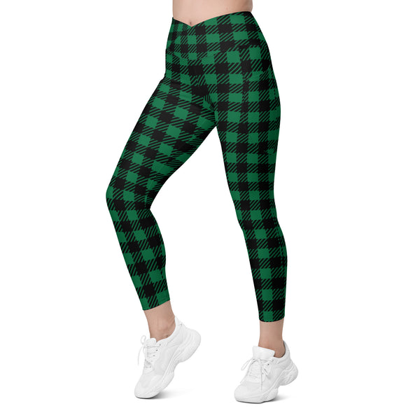Green Plaid Print Women's Tights, Best Green Plaid Print Best Designer Printed Crossover UPF 50+ Sports Yoga Gym Leggings With 2 Side Pockets For Ladies - Made in USA/EU/MX (US Size: 2XS-6XL) Plus Size Available