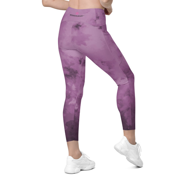 Lavender Purple Abstract Women's Tights, Purple Abstract Print Best Designer Printed Crossover UPF 50+ Sports Yoga Gym Leggings With 2 Side Pockets For Ladies - Made in USA/EU/MX (US Size: 2XS-6XL) Plus Size Available