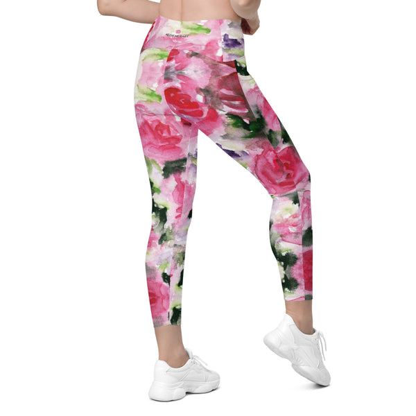 Pink Rose Women's Tights, Best Floral Roses Print Best Designer Printed Crossover UPF 50+ Sports Yoga Gym Leggings With 2 Side Pockets For Ladies - Made in USA/EU/MX (US Size: 2XS-6XL) Plus Size Available