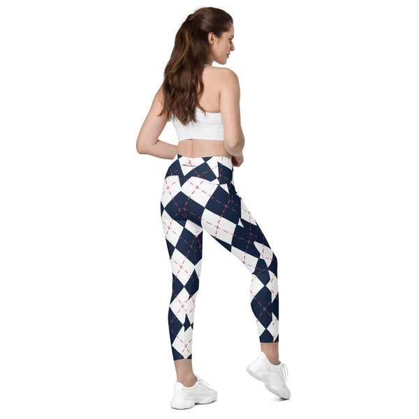 Blue Plaid Print Women's Tights, Crossover leggings with pockets