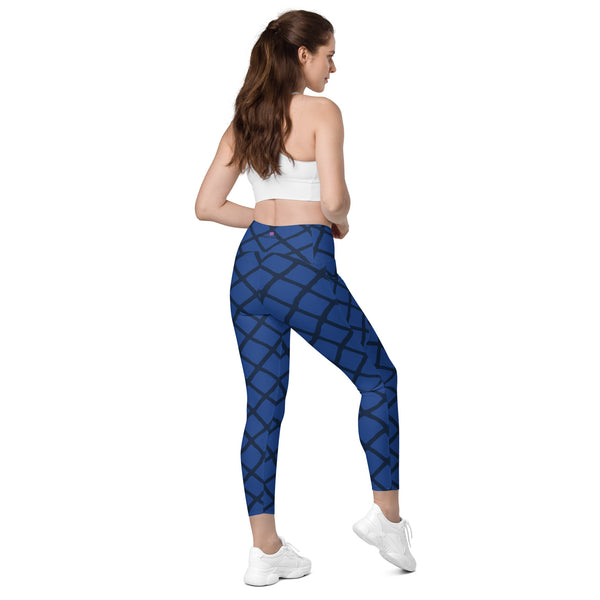 Blue Web Women's Tights, Crossover leggings with pockets