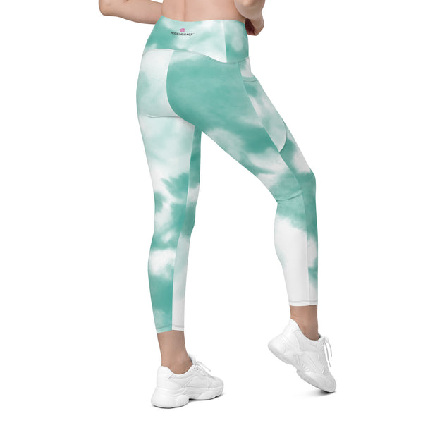 Blue Tie Dye Women's Tights, Best Tie Dye Print Best Designer Printed Crossover UPF 50+ Sports Yoga Gym Leggings With 2 Side Pockets For Ladies - Made in USA/EU/MX (US Size: 2XS-6XL) Plus Size Available, Tie Dye Leggings, Tie Dye Women's Tights