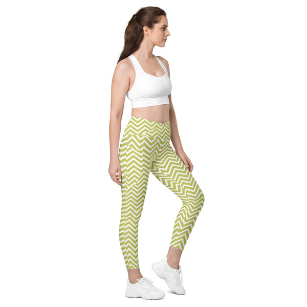 White Yellow Chevron Women's Tights, White and Yellow Womens Chevron Leggings Printed Best Designer Printed Crossover UPF 50+ Sports Yoga Gym Leggings With 2 Side Pockets For Ladies - Made in USA/EU/MX (US Size: 2XS-6XL) Plus Size Available