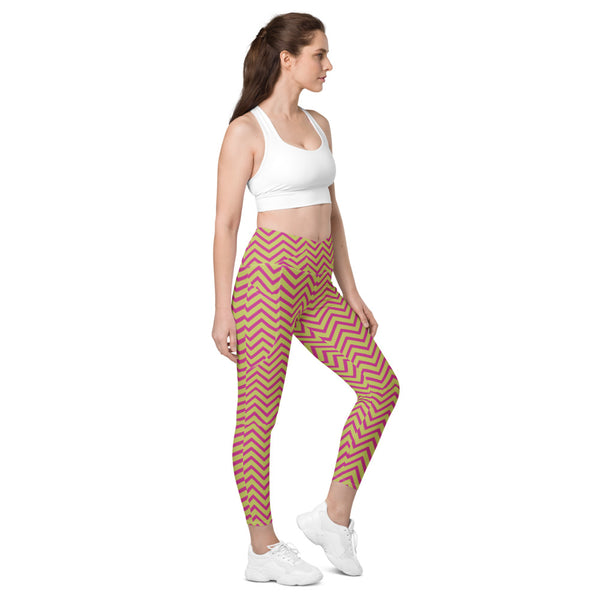 Yellow Pink Chevron Women's Tights, Yellow Pink Womens Chevron Leggings Printed Best Designer Printed Crossover UPF 50+ Sports Yoga Gym Leggings With 2 Side Pockets For Ladies - Made in USA/EU/MX (US Size: 2XS-6XL) Plus Size Available