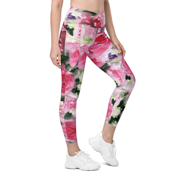 Pink Rose Women's Tights, Best Floral Roses Print Best Designer Printed Crossover UPF 50+ Sports Yoga Gym Leggings With 2 Side Pockets For Ladies - Made in USA/EU/MX (US Size: 2XS-6XL) Plus Size Available