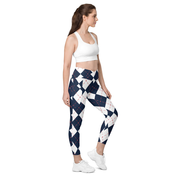 Blue Plaid Print Women's Tights, Crossover leggings with pockets