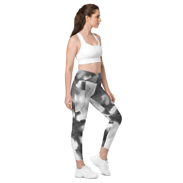 Grey Abstract Women's Tights, Crossover leggings with pockets