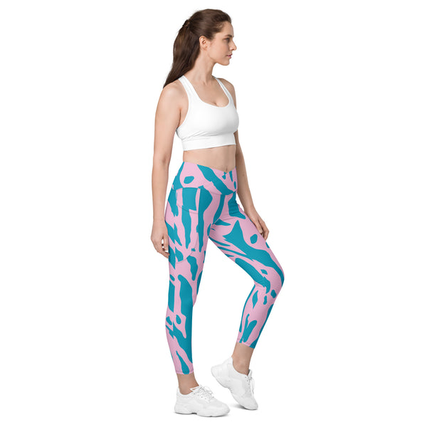 Blue Purple Abstract Women's Tights, Crossover leggings with pockets