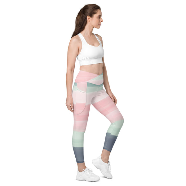Abstract Women's Tights, Best Abstract Pastel Striped Print Best Designer Printed Crossover UPF 50+ Sports Yoga Gym Leggings With 2 Side Pockets For Ladies - Made in USA/EU/MX (US Size: 2XS-6XL) Plus Size Available