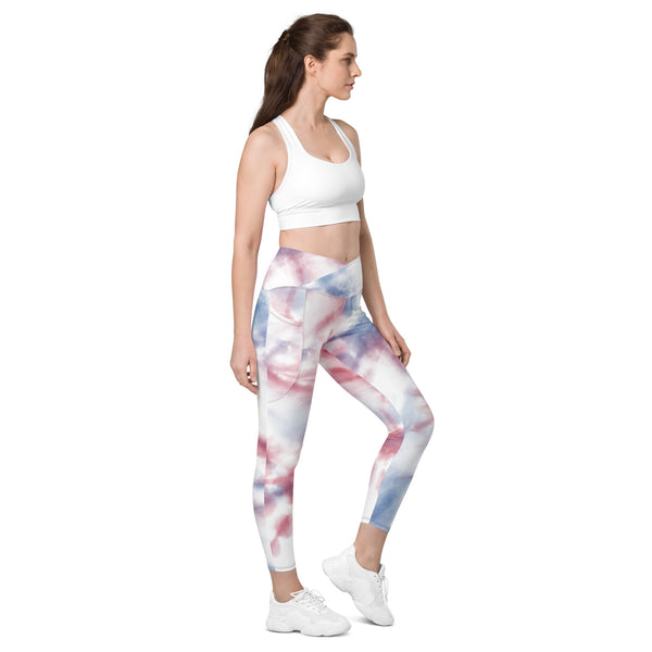 Blue Red Tie Dye Tights, Women's Crossover leggings with pockets