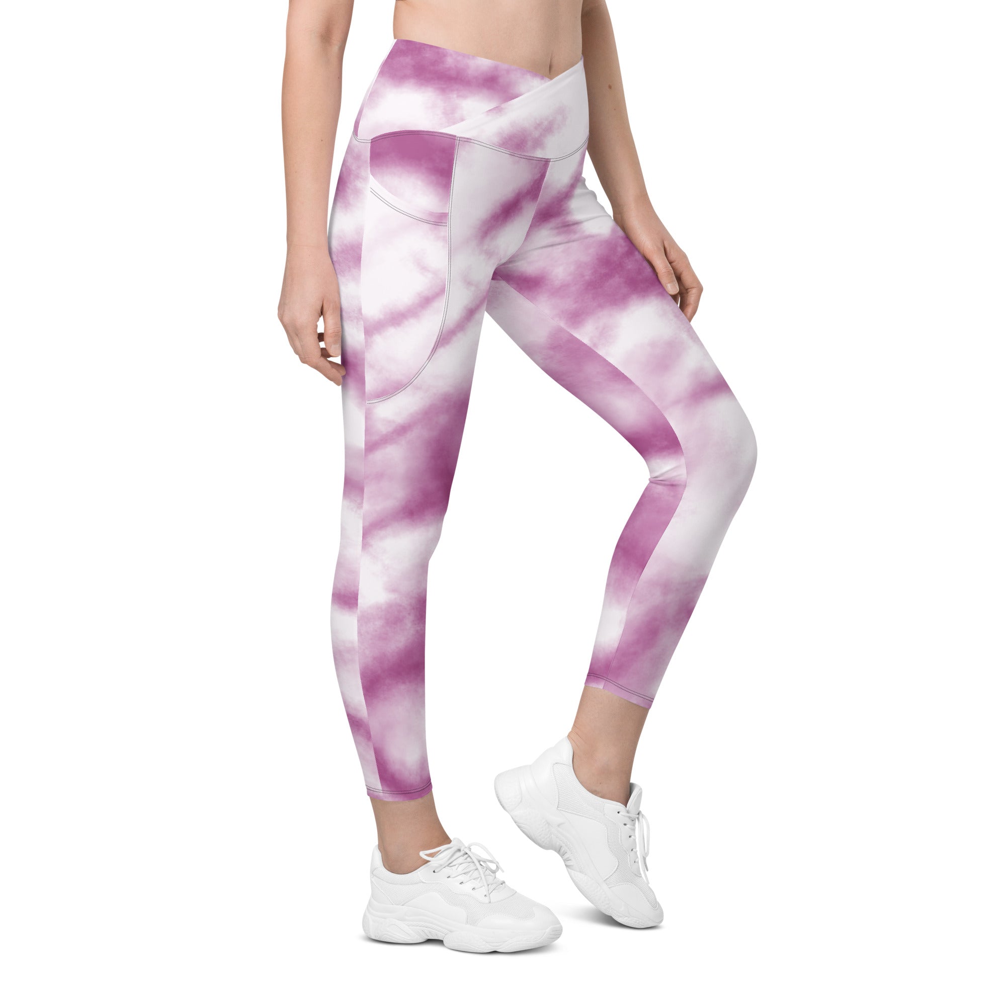 Purple Tie Dye Women's Tights, Best Pink Purple Tie Dye Printed Women's Tights, Best Tie Dye Print Best Designer Printed Crossover UPF 50+ Sports Yoga Gym Leggings With 2 Side Pockets For Ladies - Made in USA/EU/MX (US Size: 2XS-6XL) Plus Size Available, Tie Dye Leggings, Tie Dye Women's Tights