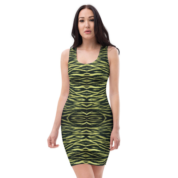 Yellow Black Tiger Striped Dress, Animal Striped Print Designer Bestselling Premium Quality Women's Sleeveless Dress - Made in USA/EU/MX (US Size: XS-XL), Tiger Stripe Dress Outfit, Plus Size Tiger Stripe Dress, Extra Large Size Tiger Dress