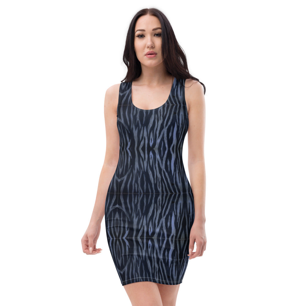 Blue Tiger Striped Dress, Animal Striped Designer Sleeveless Dress For  Women-Made in USA