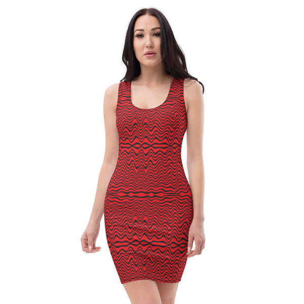Red Black Wavy Sleeveless Dress, Abstract Waves Designer Women's Sleeveless Best Dress, Designer Bestselling Premium Quality Women's Sleeveless Dress-Made in USA (US Size: XS-XL)