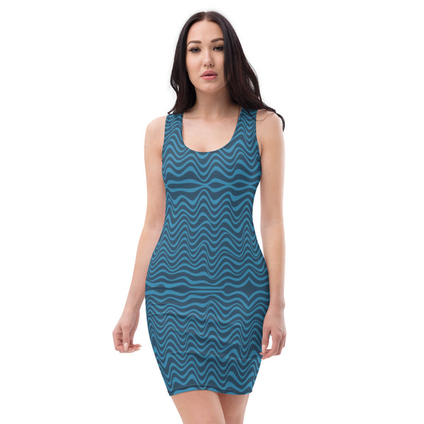 Deep Blue Wavy Sleeveless Dress, Abstract Waves Designer Women's Sleeveless Best Dress, Designer Bestselling Premium Quality Women's Sleeveless Dress-Made in USA (US Size: XS-XL)